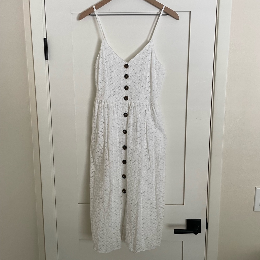 Japna White Sleeveless Eyelet Midi Sundress with Buttons